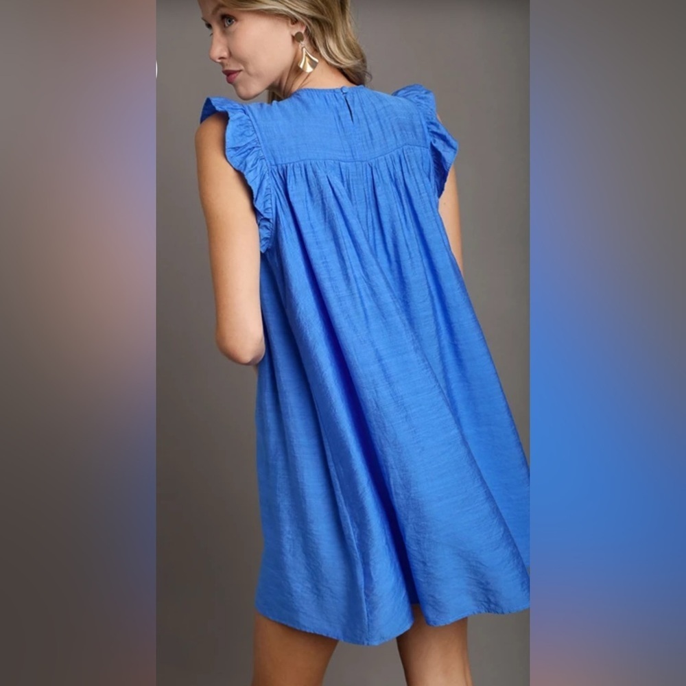 Umgee Blue Babydoll Dress Smocked Ruffle Sleeve Cottagecore M - Picture 5 of 11